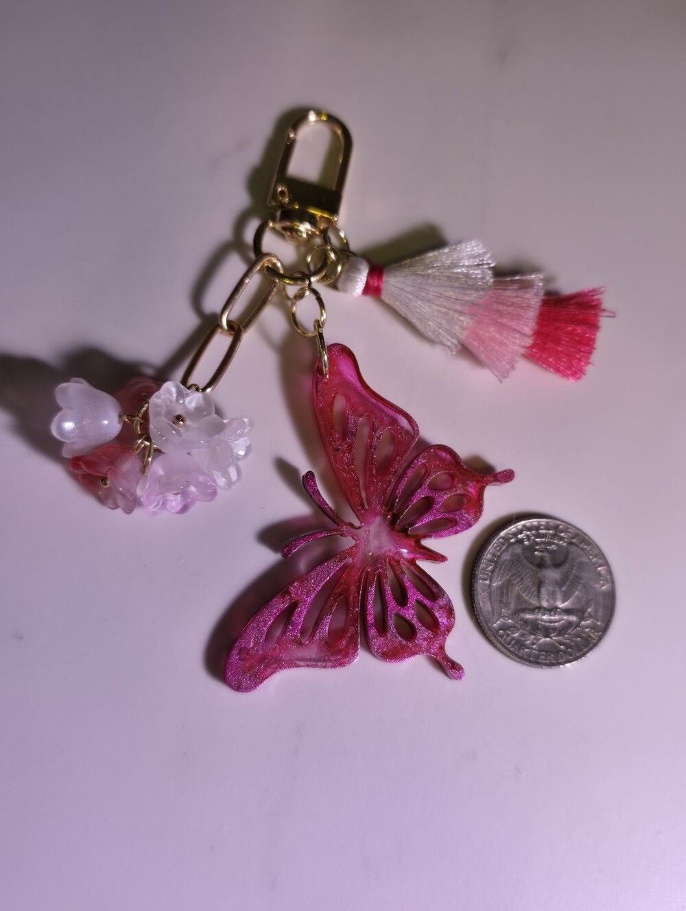 Handcrafted Pink Glitter Resin Butterfly & Tassel Bag Charm - Picture 4 of 4